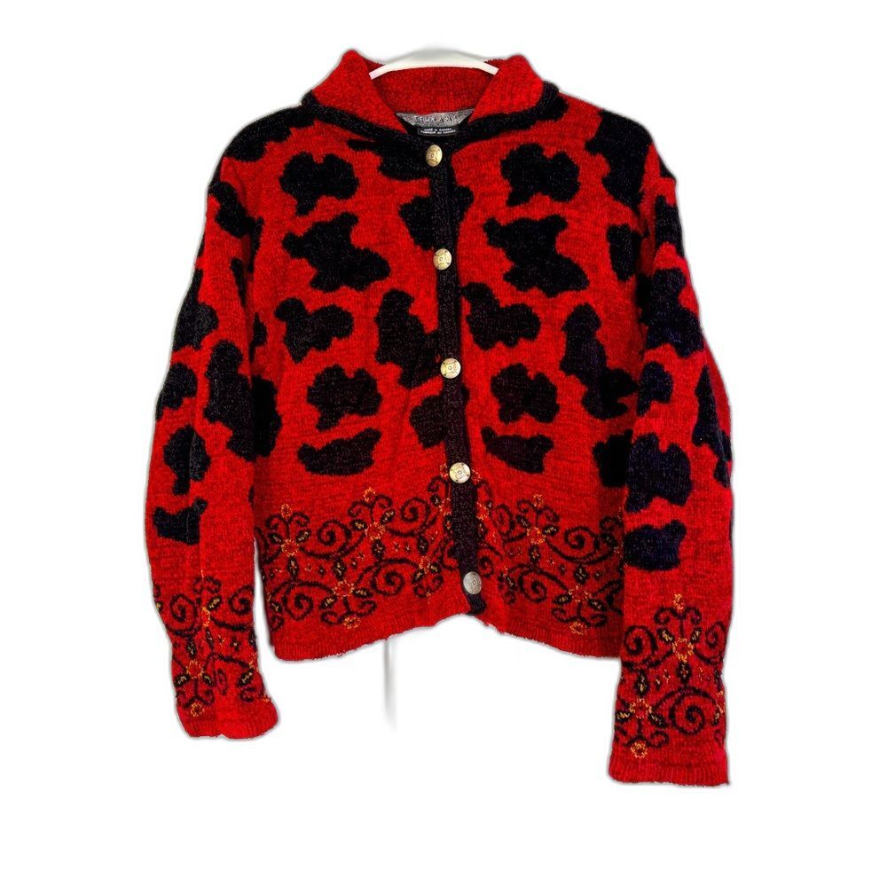 Vintage Tsunami Red Black Abstract Patterned Button Up Cardigan Sweater Size M
